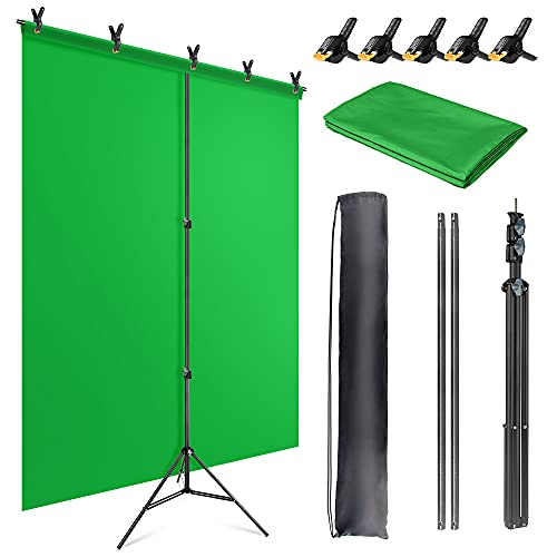 JEBUTU 5X6.5ft Green Backdrop Kit with T-Shape Stand, Portable Background Support Kit with Carrying Bag & Clamps for Video, Zoom, Streaming