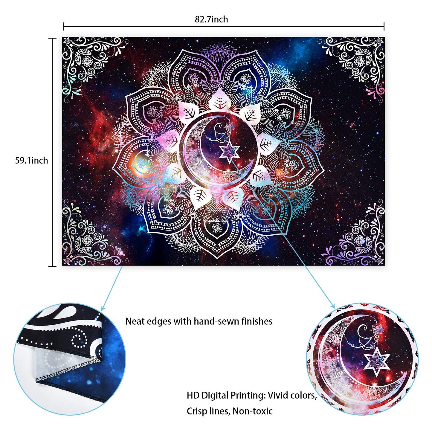 Likiyol Moon Star Tapestries Celestial Galaxy Starry Tapestry Psychedelic Trippy Tapestry Hippie Boho Mandala Tapestry for Room (Multi, 59.1 x 82.7 inches)