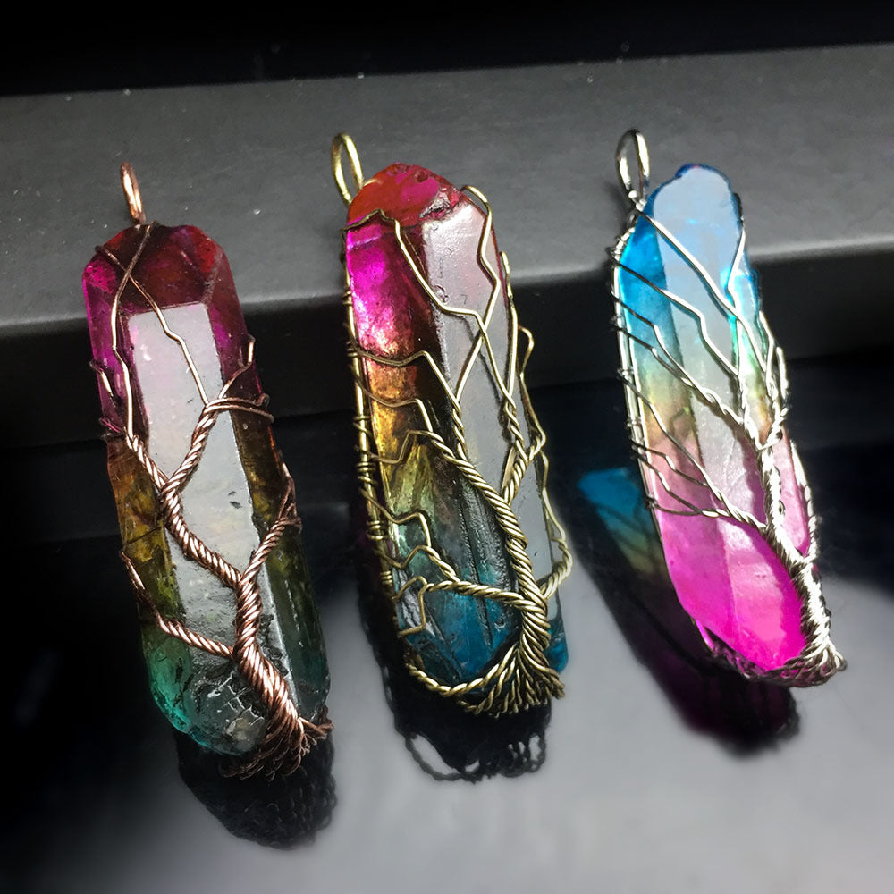 Natural Stone Charms Pendants 7 Chakra Rainbow Jewelry DIY Quartz Tree of Life Reiki Healing Pendant Pendulum Necklace Women Men1