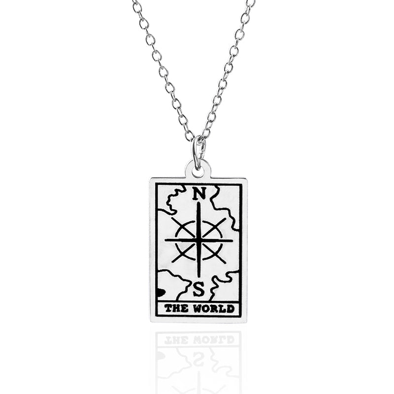 Tarot Fortune The World Sun Star Moon Card Stainless Steel Pendant Necklace