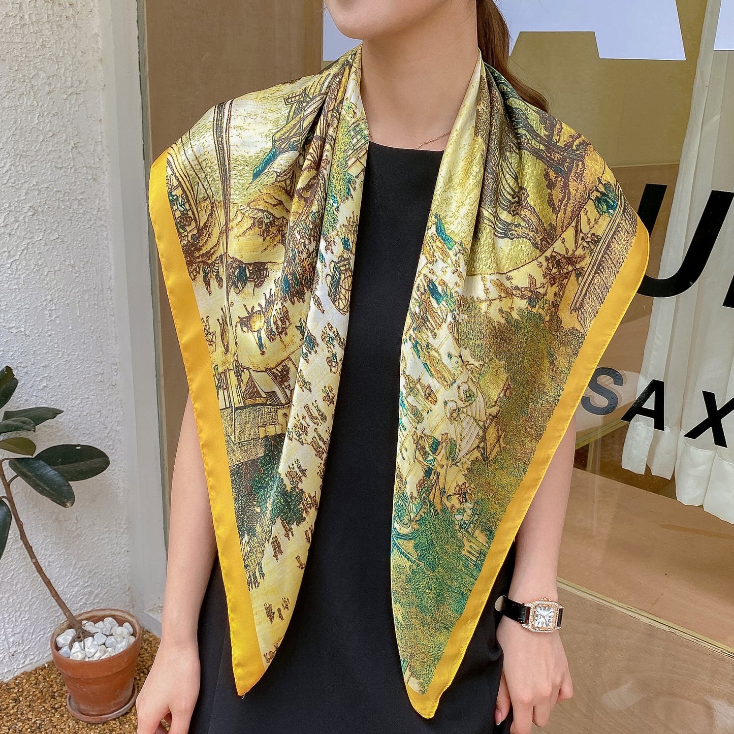 Qingming Shanghe Tu Li Damasat Silk Scarf Female Elegant Chinese Wind Anti-Silk Scarf Silk Scarf Shawl Live Hot Sale